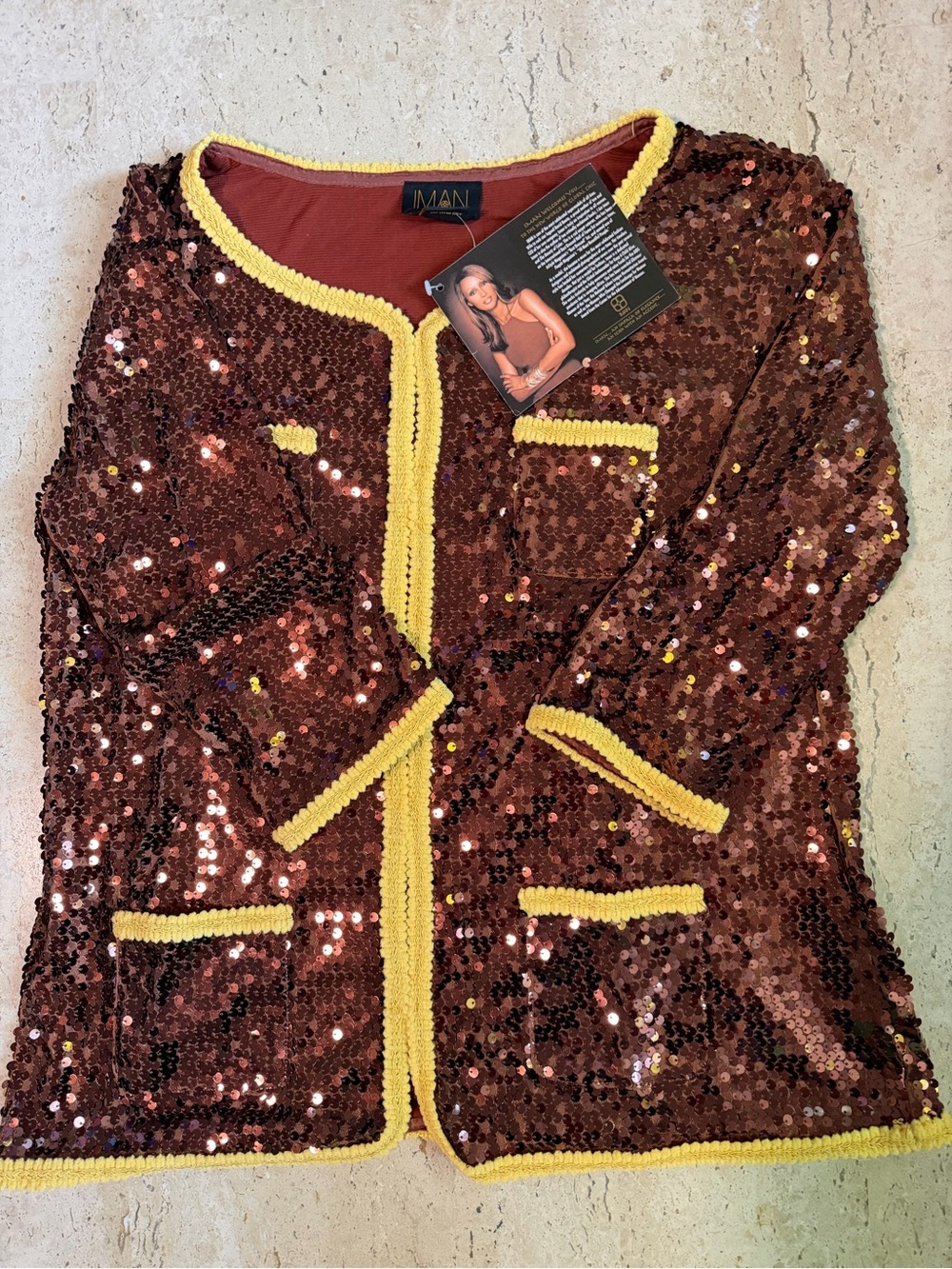 IMAN Bronze Metallic Sequin Blazer Jacket Yellow Trim Size XL NWT